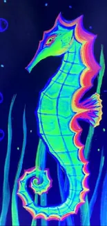 Colorful neon seahorse on dark background, perfect for wallpaper.