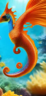 Orange seahorse against a vibrant blue ocean backdrop with colorful coral reef.