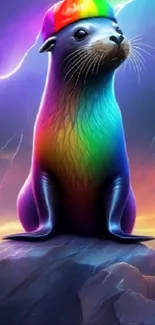 Colorful seal with rainbow hat against sunset.