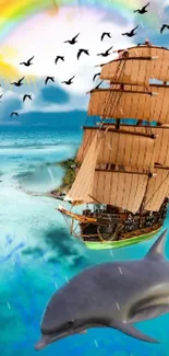 Majestic ship sailing with dolphins in a tropical seascape under a bright sky.