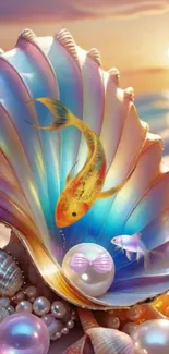 Vibrant fish in a seashell with ocean sunset.