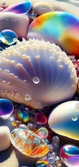 Vibrant seashell and rainbow pearls on sand.