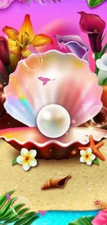 Vibrant seashell with tropical flowers and beach elements in fantasy art style.