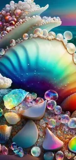 Vibrant seashells and bubbles on a sandy ocean shore, perfect for a phone wallpaper.