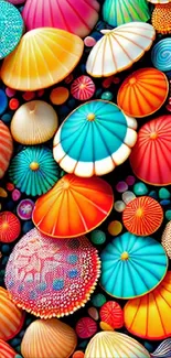 Colorful seashells wallpaper with vibrant blue, orange, and yellow hues.