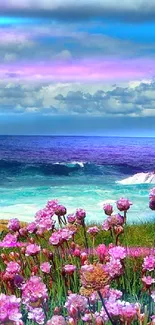 Pink flowers with ocean and blue sky mobile wallpaper.