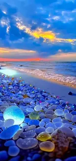 Vibrant pebbles on a beach at sunset with a colorful ocean view.