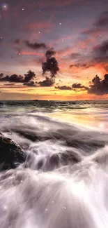 Vibrant seaside sunset with waves crashing on rocks and colorful clouds above.