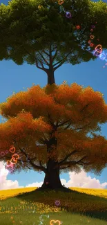 Vibrant tree mobile wallpaper with seasonal foliage and a blue sky.