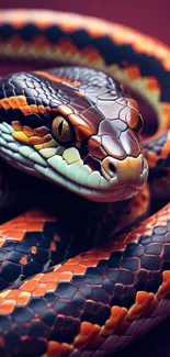 Coiled vibrant snake with intricate patterns.