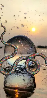 Multicolored snake encircling a sphere with sunset reflections.