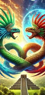 Aztec-inspired vibrant serpents in colorful mystic design.