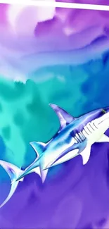 Colorful shark art with purple and blue ocean background.