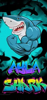 Vibrant cartoon shark with graffiti text on teal background.