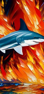 Shark swimming through vibrant fire and water, creating an abstract art scene.