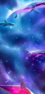 Colorful sharks swimming in a vibrant galaxy.