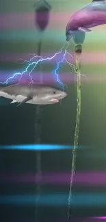 Vibrant surreal wallpaper with shark and electric lightning.