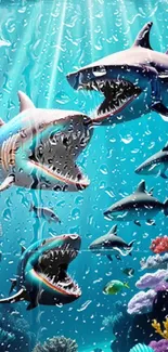 Animated sharks swim in a colorful underwater coral reef scene.