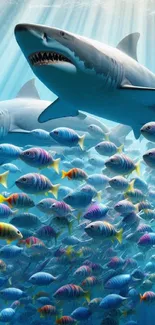 Vibrant underwater scene with sharks and colorful fish in blue ocean.