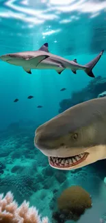 Dynamic ocean wallpaper with vibrant sharks and coral.