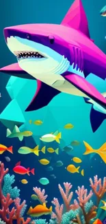 Vibrant mobile wallpaper with geometric shark and colorful ocean scene.