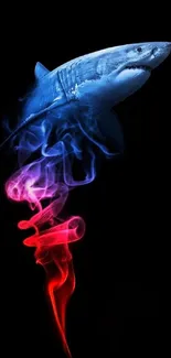 Blue shark with vibrant colorful smoke on black background.