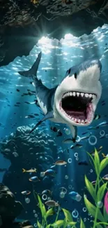 Shark swimming in vibrant underwater scene with colorful aquatic life.