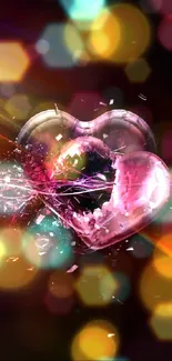 Vibrant shattered heart on dark background with colorful accents.