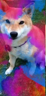 Shiba Inu with vibrant abstract colors in a grassy field background.