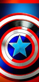 Superhero shield with red, white, and blue colors and star.