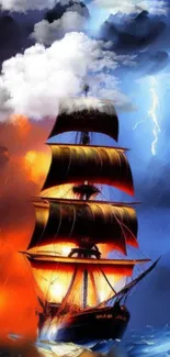 Vibrant ship sailing under dramatic skies with fires and lightning.