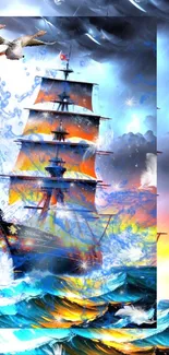 Vibrant ship sailing through stormy seas with waves and birds.