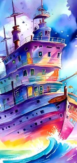 Vibrant watercolor ship art wallpaper with nautical theme.