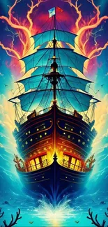 Vivid artwork of a ship navigating through a fantastical sky and ocean.