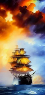 Vibrant ship sailing under fiery orange and blue skies.