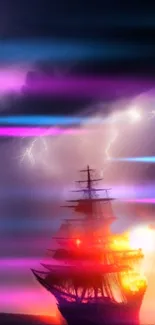 Colorful ship sails under a stormy, lightning-lit sky in vibrant colors.