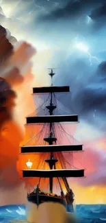 Vivid wallpaper of a ship sailing under dynamic, colorful skies.