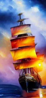 Vibrant animated ship with fiery sails on a colorful ocean backdrop.