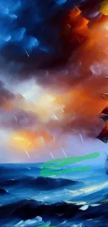 Vibrant ship sailing through stormy, colorful ocean waves.