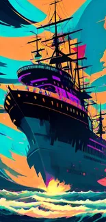 Vibrant ship illustration with blue and orange hues.