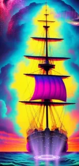 Vibrant ship with neon sails against colorful night sky.