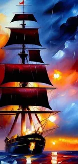 Artistic rendering of a ship in stormy seas with vibrant, colorful skies.