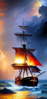 Vibrant ship sails through stormy seas with dramatic lightning sky.