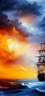 A vibrant painting of a ship sailing under dramatic, colorful skies.