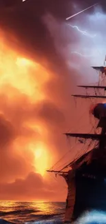 An adventurous ship sails under a vibrant sunset sky, casting dramatic ocean waves.