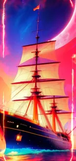 Majestic ship under vibrant aurora sky on the ocean, with crimson red hues.