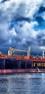 Cargo ship under dramatic clouds, vibrant and striking scenery.