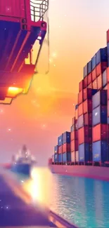 Sunset over a shipping port with colorful containers.