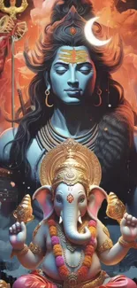 Vibrant depiction of Lord Shiva and Ganesha in rich colors.