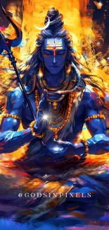 Vibrant digital painting of Shiva in meditation with colorful background.